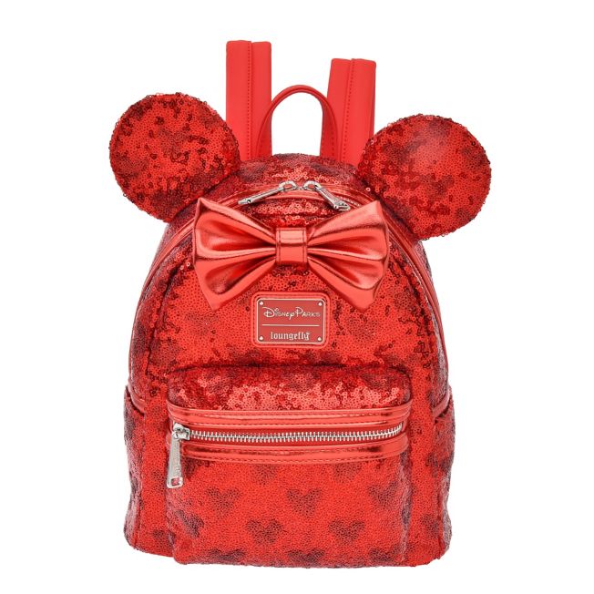 Disney Store - Loungefly Minnie Rucksack/Backpack Rot mit Mickey Icon Muster Pailletten - Rucksack